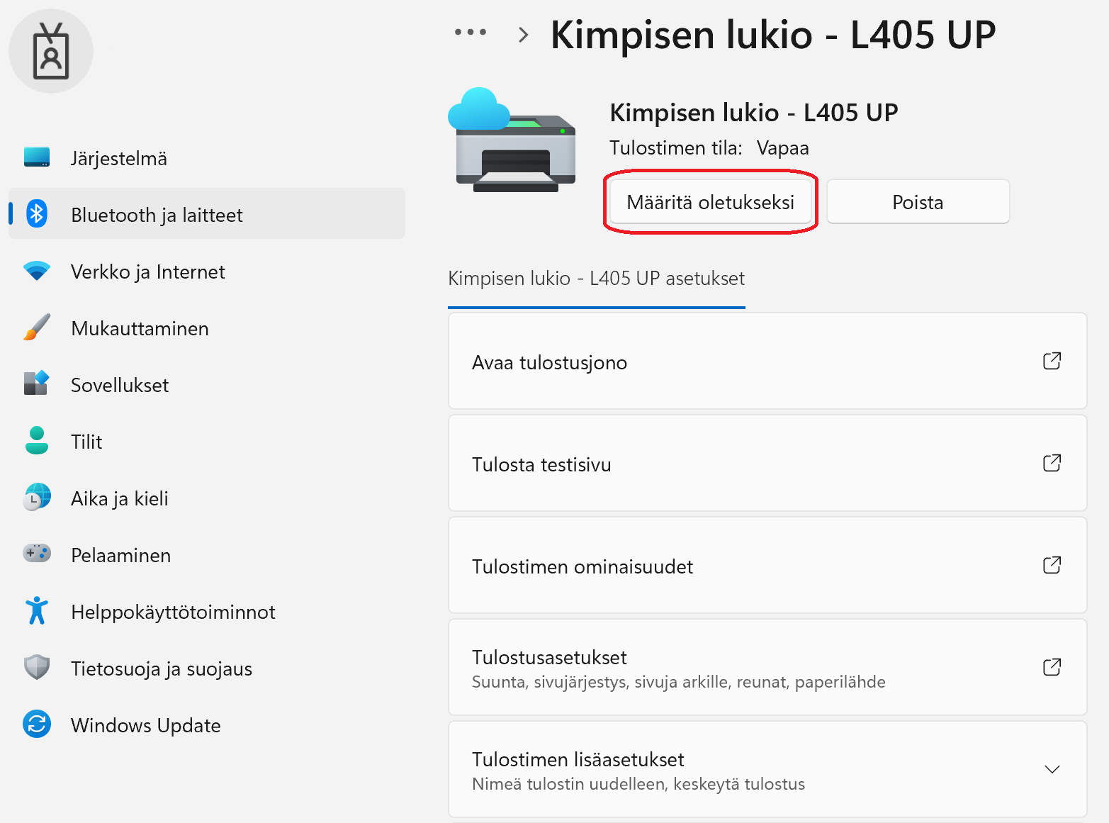 Oletustulostimenmääritysikkuna.