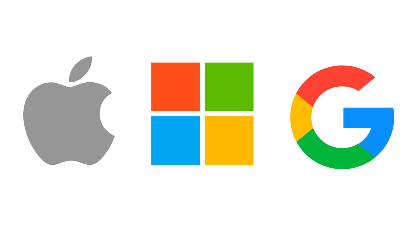 Apple, Microsoftin ja Googlen logot.