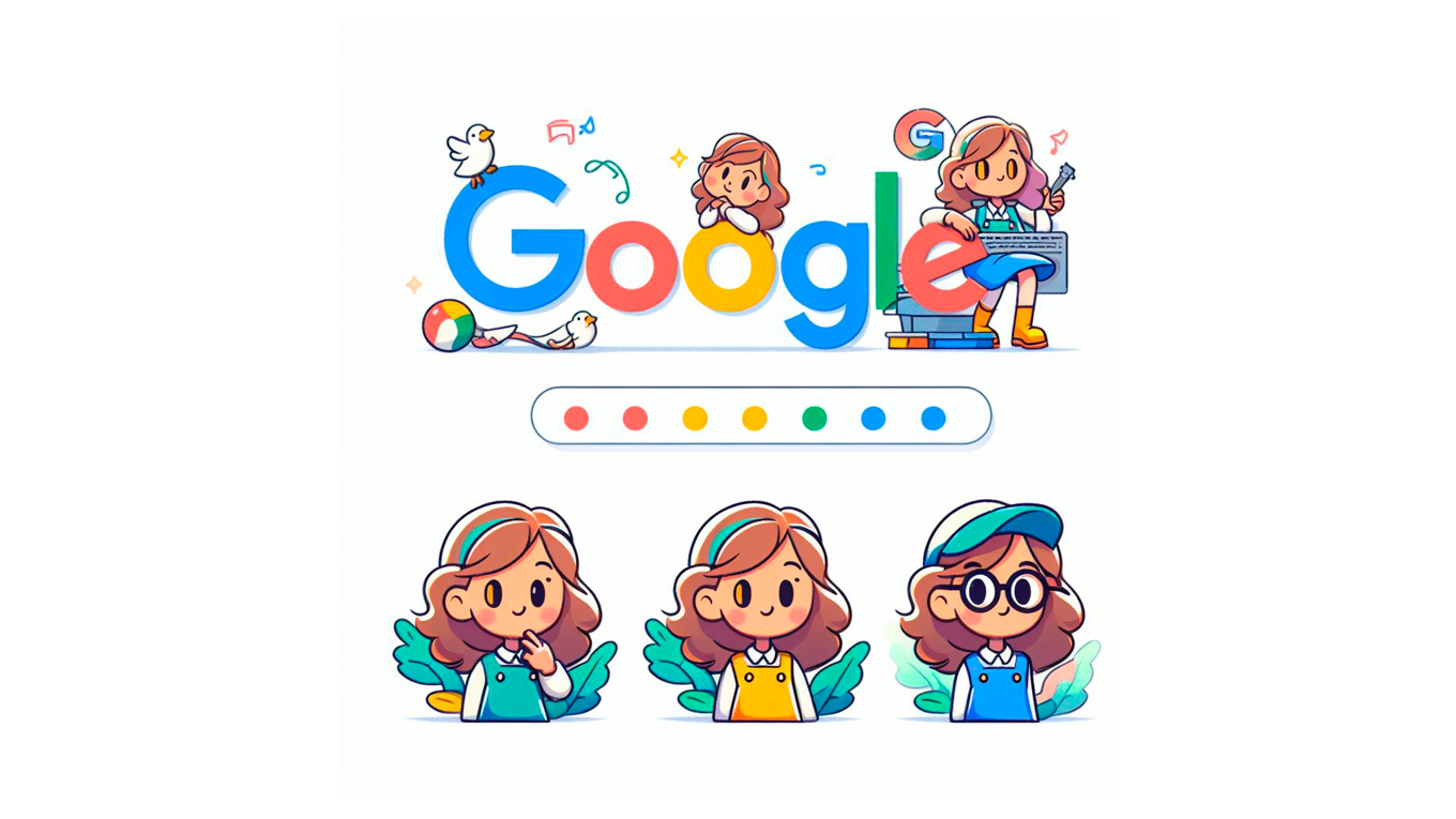 Googlen logo ja sarjakuvamaisia hahmoja.