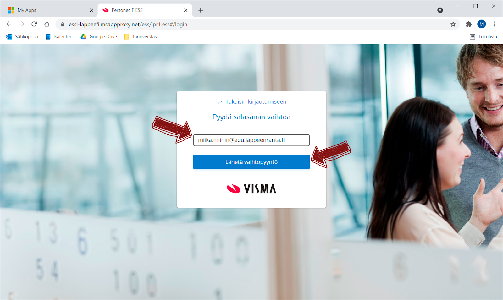 5. vaihe: Kirjoita edu.lappeenranta.fi-sähköpostiosoitteesi ja paina Lähetä vaihtopyyntö