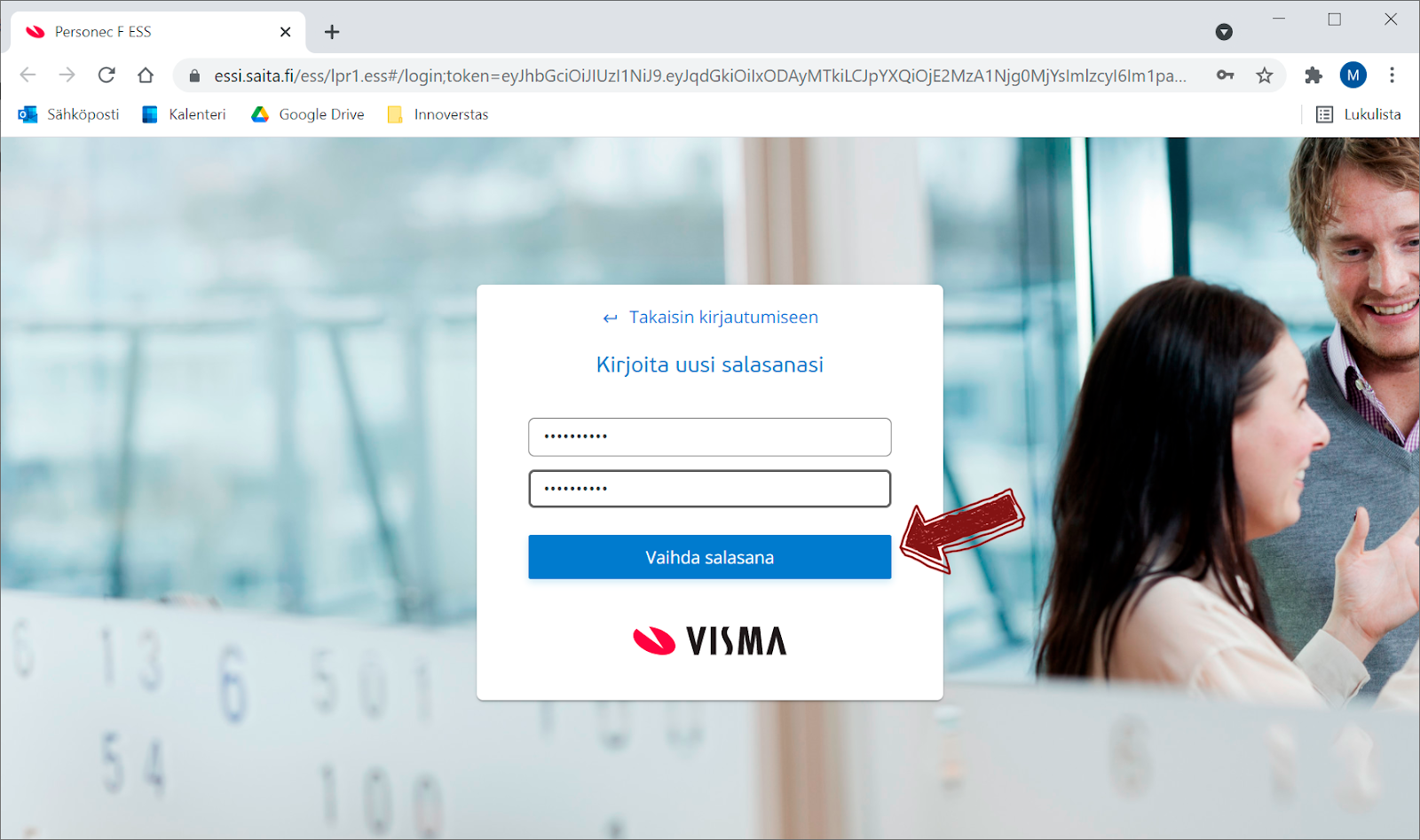 7. vaihe: Kirjoita uusi salasanasi molempiin kenttiin ja paina "Vaihda salasana"