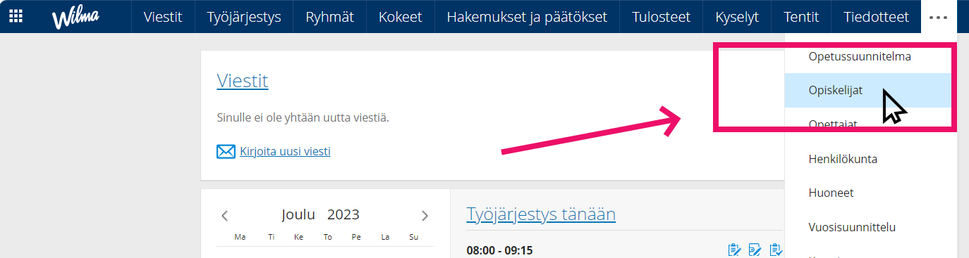 Wilman valikkonäkymä