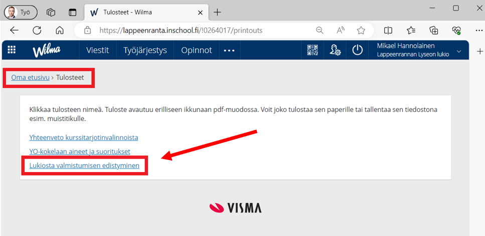 Wilman valikkonäkymä.