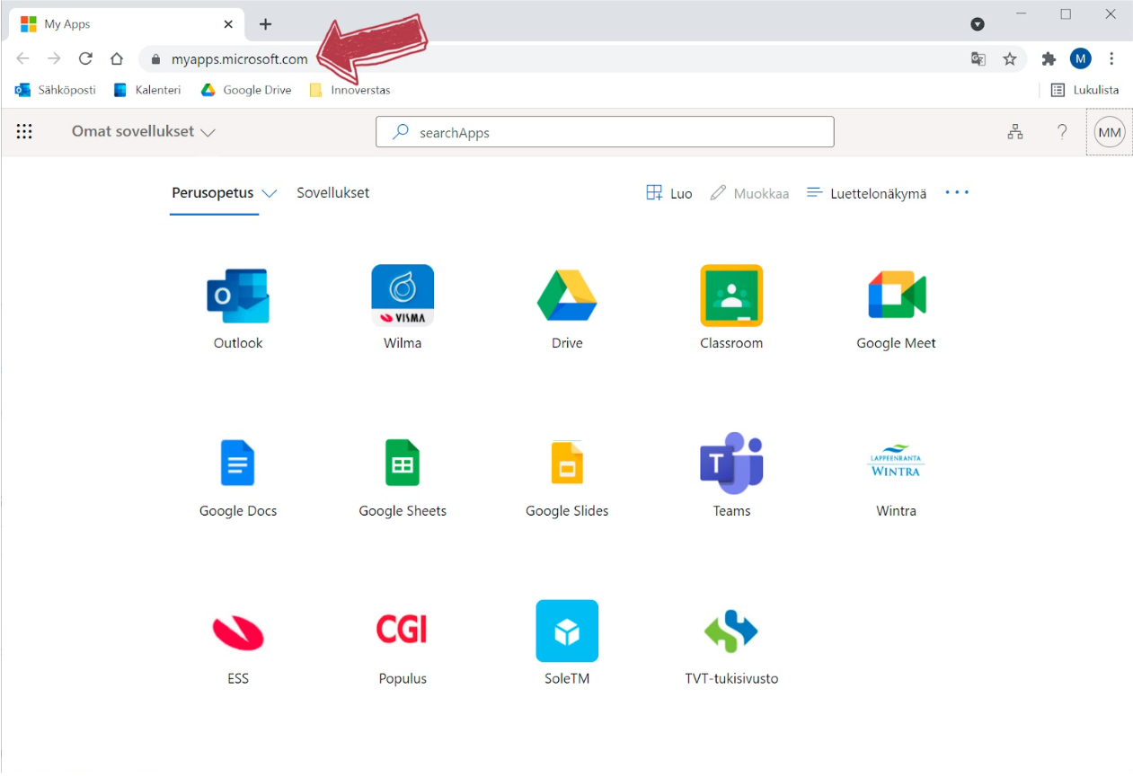 Prosessin ensimmäinen vaihe: Mene osoitteeseen: https://myapps.microsoft.com/