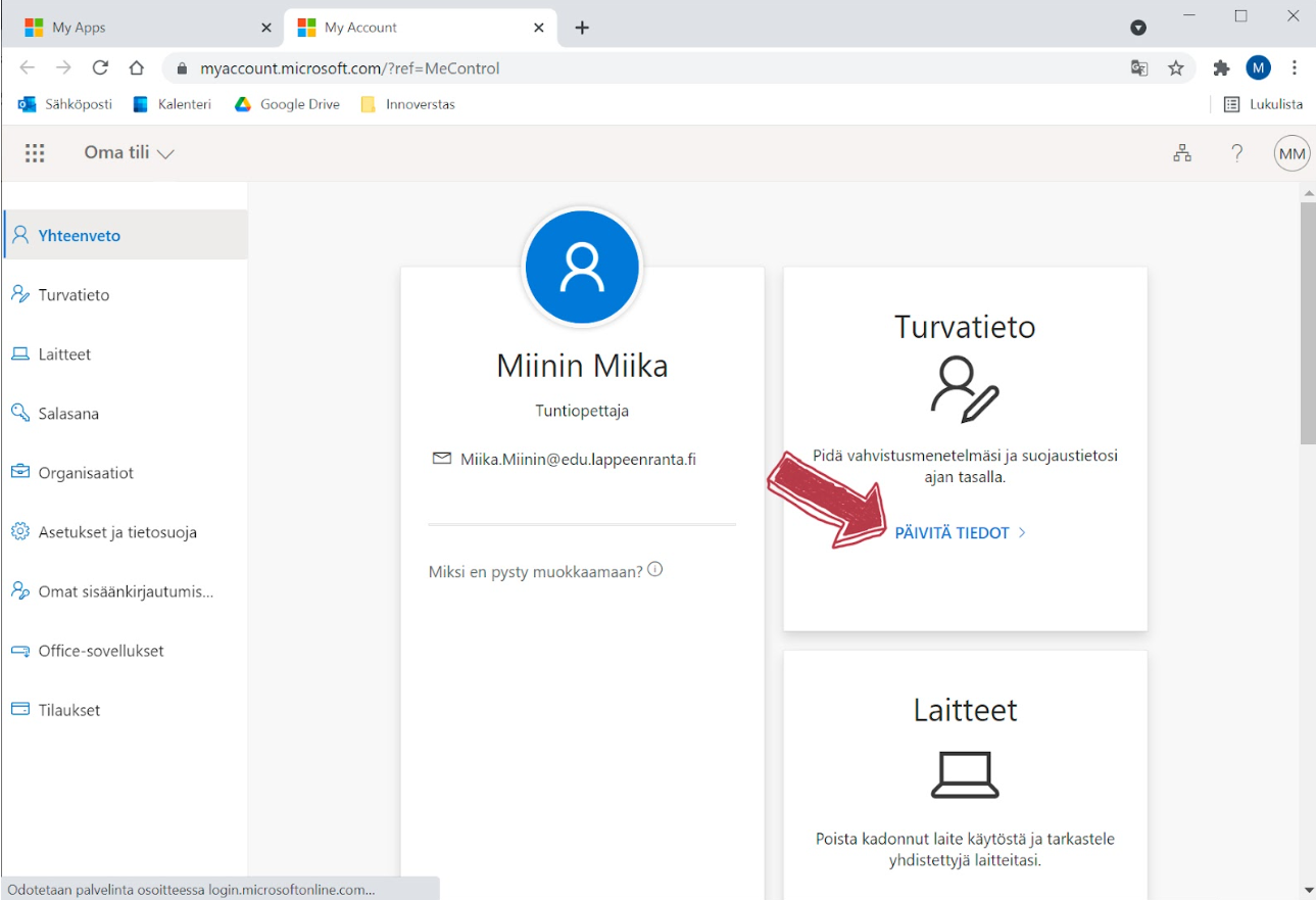 Prosessin kolmas vaihe: Valitse Turvatieto-kohdasta “Päivitä tiedot”: