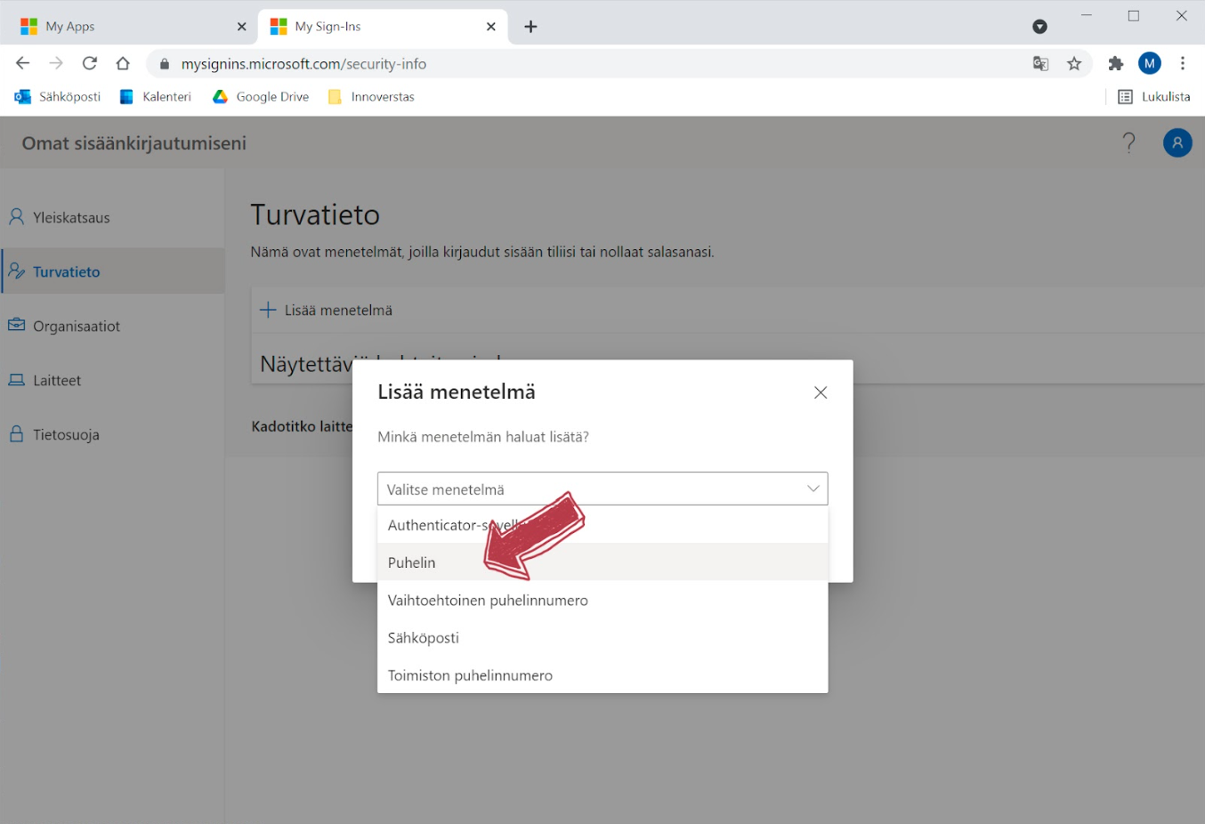 Viides vaihe: Valitse alasvetovalikosta “Puhelin”