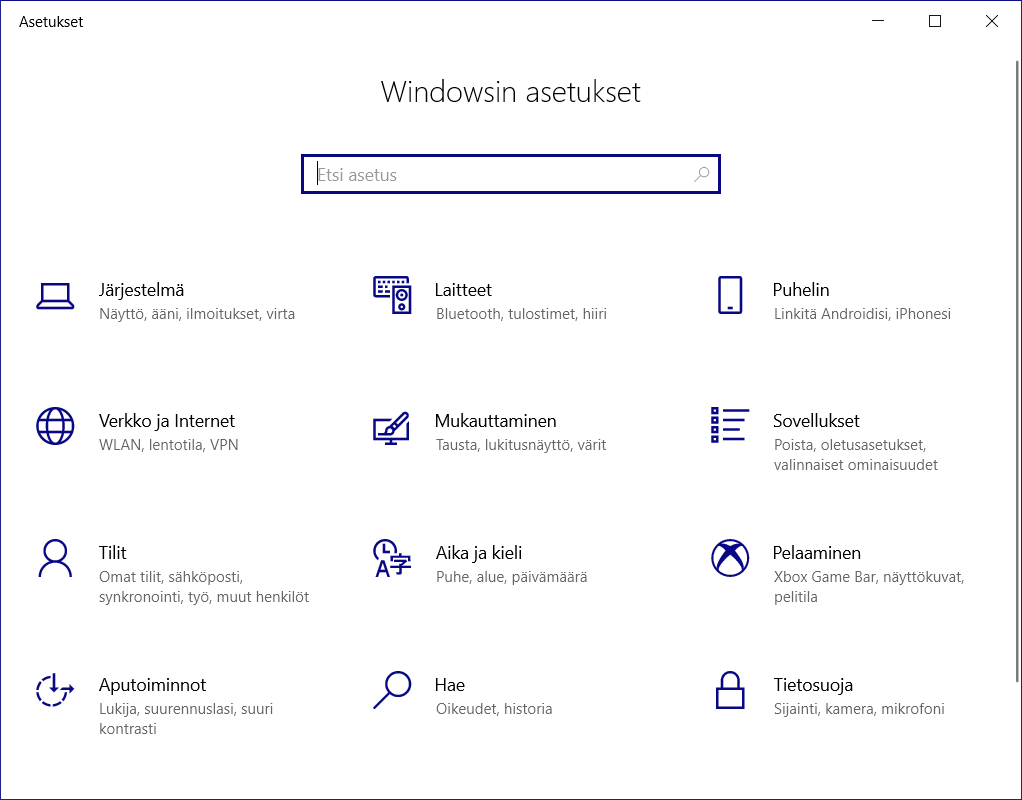 Windowsin asetusnäkymä.