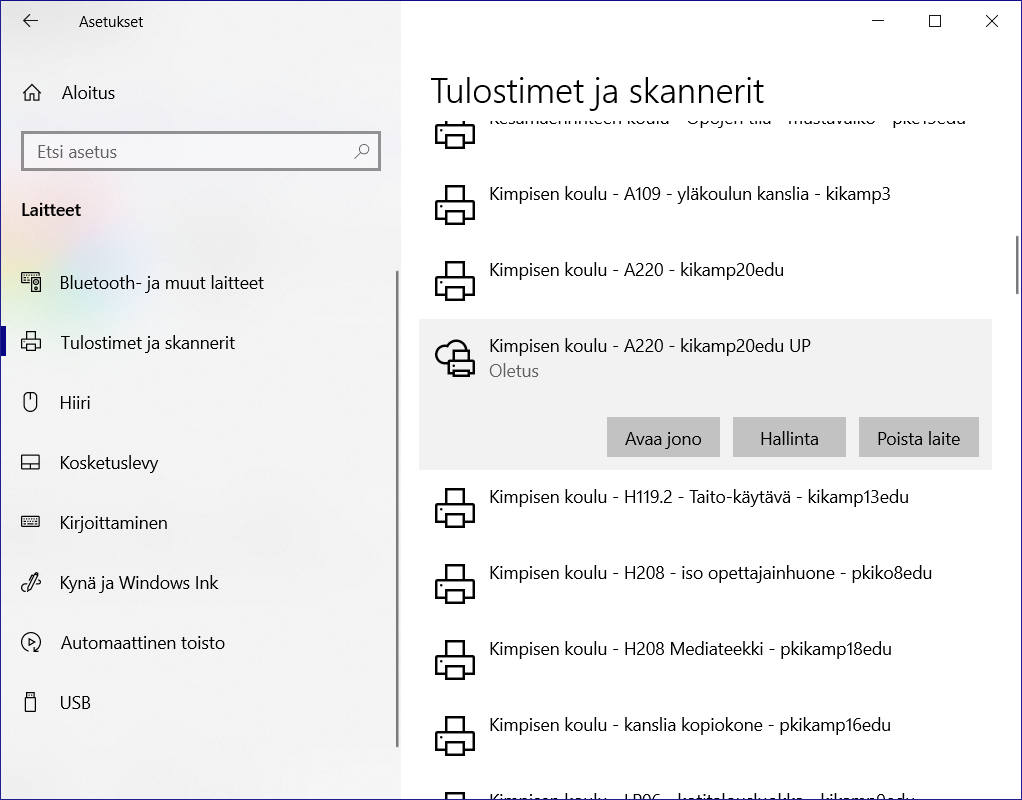 Lista haetuista tulostimista.