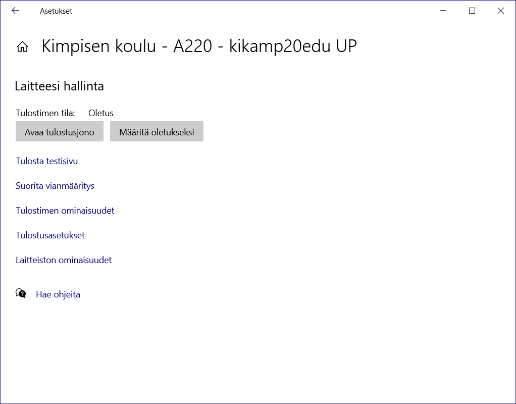 Oletustulostimenmääritysikkuna.