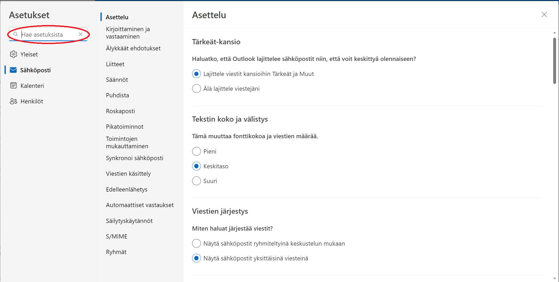 Valikkonäkymä, jossa hakukenttä ympyröity.
