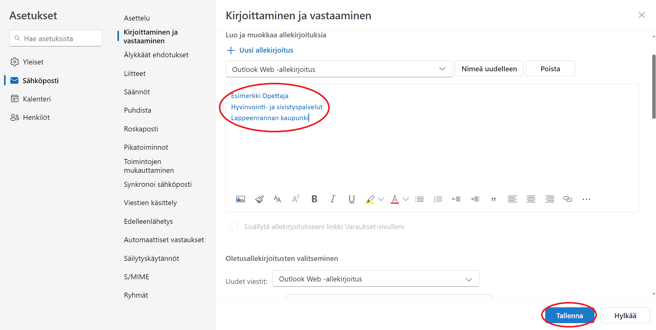 Allekirjoitusnäkymä valikossa.