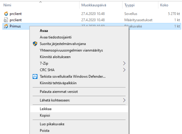 Primus-pikakuvakeen leikkaaminen.