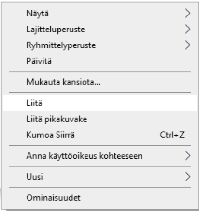 Hiiren oikean painikkeen valikko, jossa "Liitä" valittuna.
