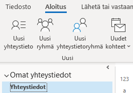 Outlookin "Yhteystiedot" valittuna.
