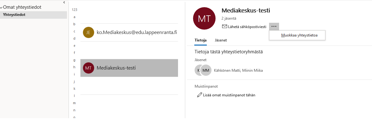 Yhteystiedoissa valittuna henkilön kortti.