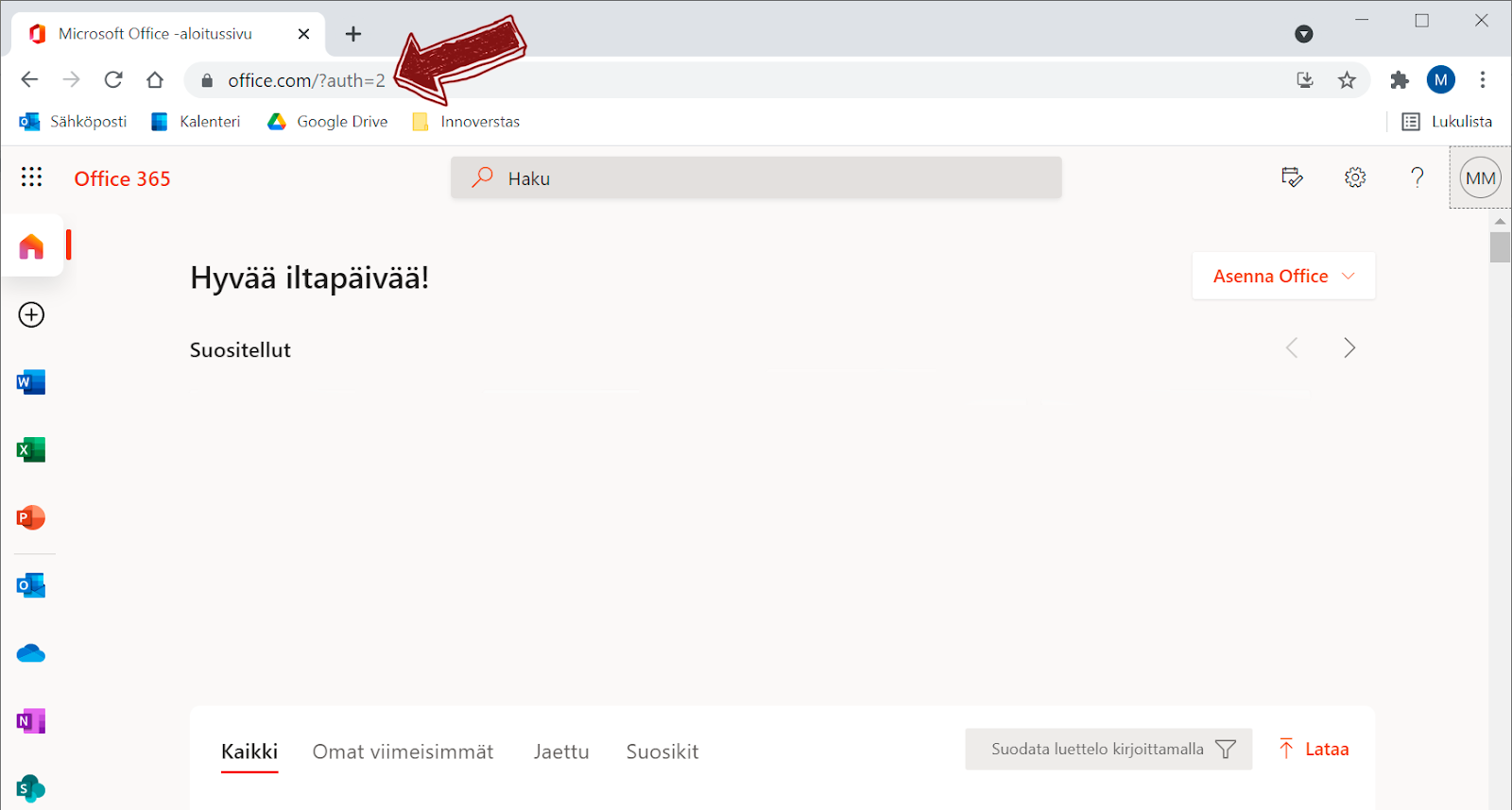 1. vaihe: mene osoitteeseen office.com