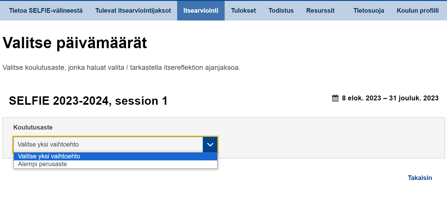 Koulutusasteen valitseminen valikosta