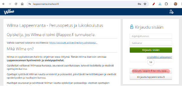 Wilman kirjautumisikkuna