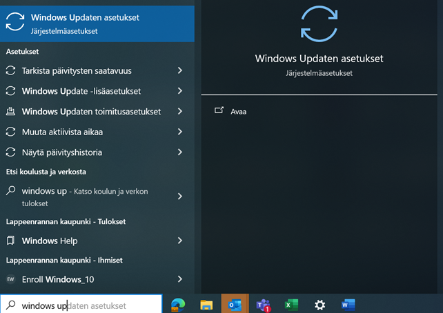 Valitse Windows Updaten asetukset
