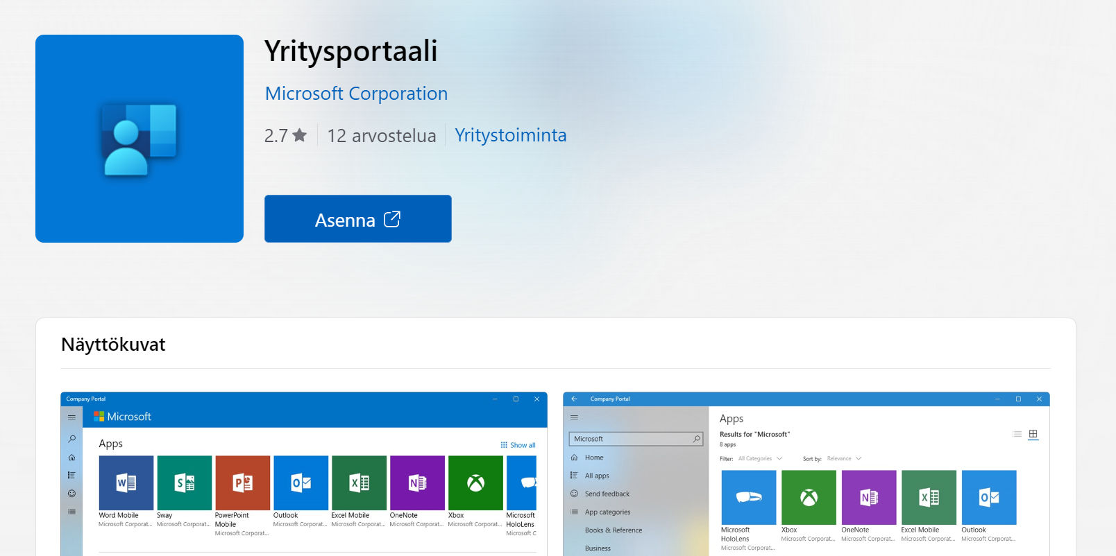 Yritysportaalin lataaminen Store-näkymässä.